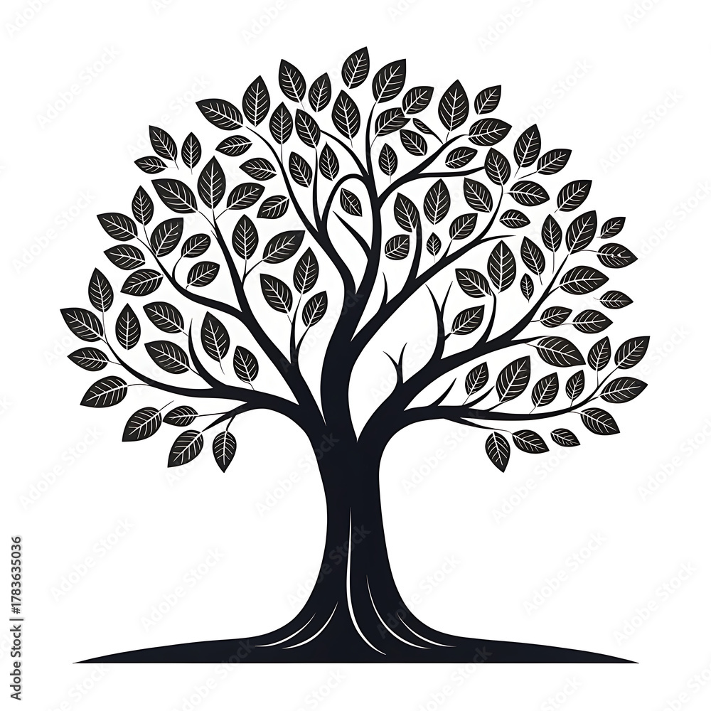 Obraz premium Tree Silhouette: A stylized silhouette of a robust tree, its branches reaching skyward, its roots firmly grounded, symbolizing growth, strength, and connection.