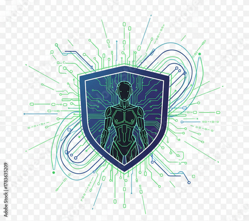 Abstract technological illustration of a cyborg figure within a digital shield, symbolizing artificial intelligence and security