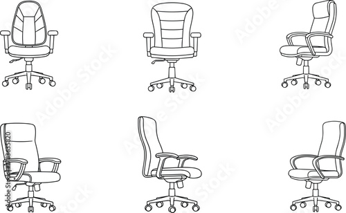 Office chair front and side view, ergonomic seat design, wheeled base, armrest detail, CAD sketch, flat vector illustration**