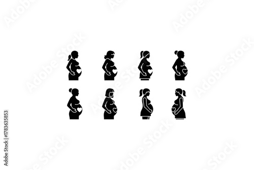 Silhouettes of pregnant women in various stages, great for pregnancy announcements, prenatal care materials, maternity websites, and parenting resources.