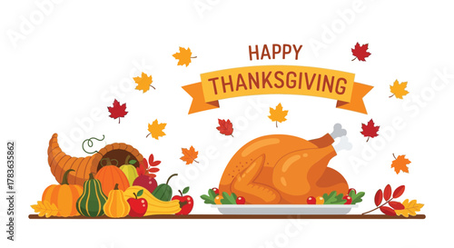 Happy thanksgiving illustration featuring a roasted turkey cornucopia overflowing with autumn harvest fruits and vegetables and falling maple leaves