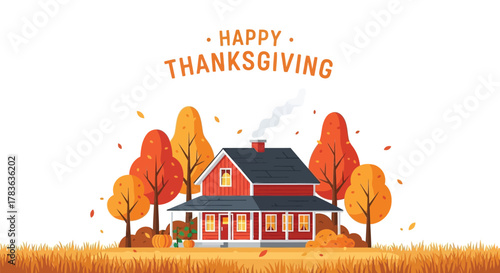 Cozy red farmhouse surrounded by autumn trees and falling leaves with happy thanksgiving greeting