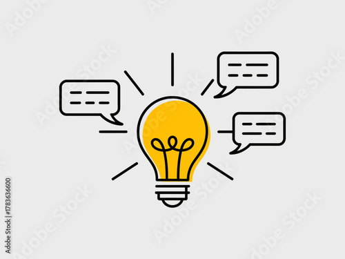 This image features a glowing light bulb surrounded by speech bubbles, symbolizing creativity and the exchange of ideas, representing a bright idea or inspiration.