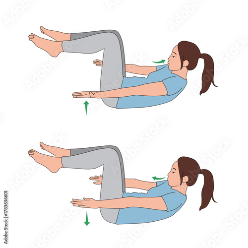 Pilates The Hundred Exercise Instructional Diagram. Woman Performing Abdominal Core Training Sequence, Emphasizing Breathing and Arm Movement.