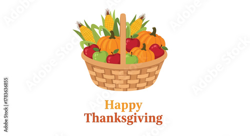 Happy thanksgiving greeting with a woven basket overflowing with pumpkins apples and corn on the cob