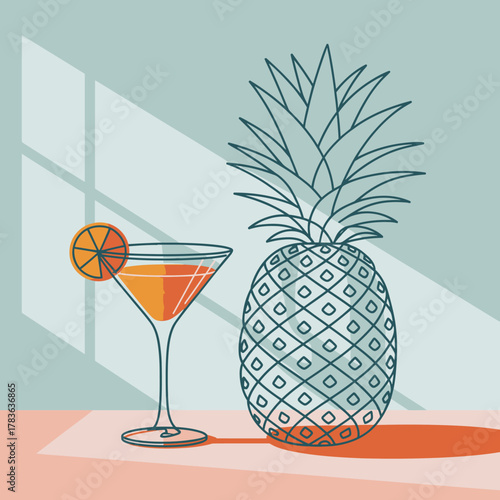 An artistic depiction of a refreshing cocktail next to a pineapple, showcasing a vibrant summer vibe that inspires creativity, enjoyment, and relaxation, ideal for food and drink-related content.