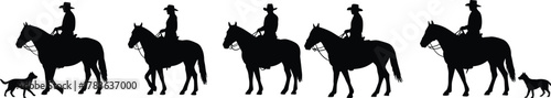 Repeating cowboy riding horse with dog silhouettes, western ranch lifestyle, rural countryside scene, wild west vector art, cowboy culture design