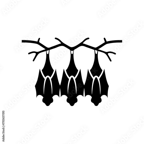 Three bats hanging upside down from a tree branch on transparent background