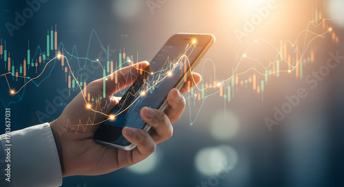 Mobile Stock Trading App Investment Analysis Graph on Smartphone Display Concept of Financial Growth Strategy with Hand Analyzing Candlestick Chart Forex Market and Digital Business Tools Insights