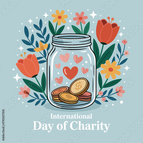 This vibrant image features a mason jar filled with coins, surrounded by blooming flowers, symbolizing generosity and the spirit of giving on International Day of Charity.