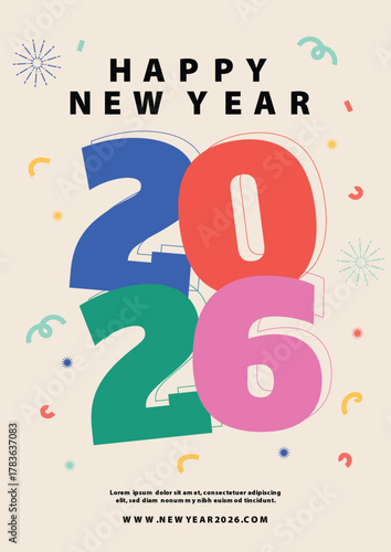 Poster Happy New Year 2026 colorful celebration design.