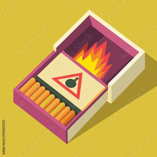 Open matchbox with matches and burning flame inside on transparent background