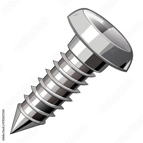Illustration of a single shiny metallic screw object on transparent background