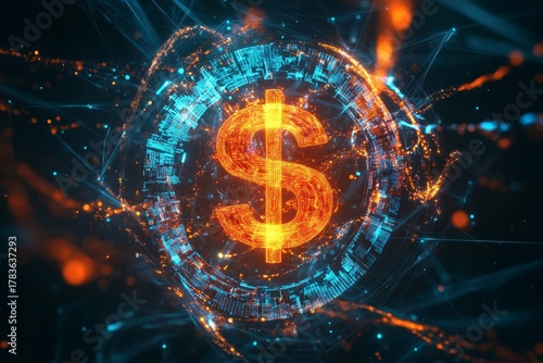A glowing dollar sign symbol, embedded within a network of glowing lines and points.