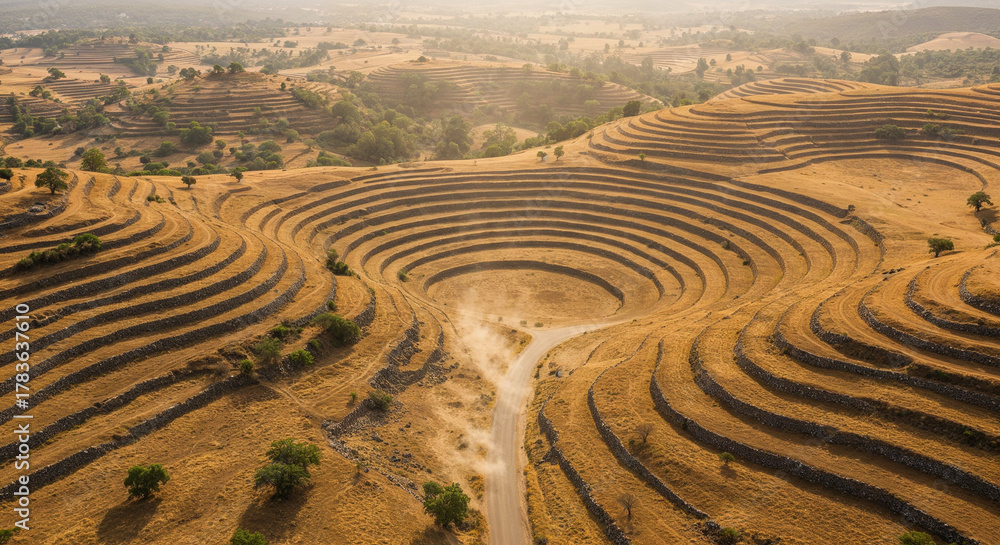 Naklejka premium Drone Shot of Mountain Road Through Stepped Traditional Asian Rice Terraces