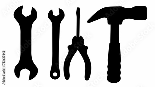 Silhouette image showing two wrenches, pliers, a screwdriver and a hammer on a white background