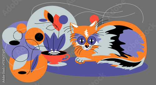 Vector illustration of a colorful cat with a coffee cup and abstract shapes in orange, purple, red, gray, and black, perfect for cafés and modern designs.