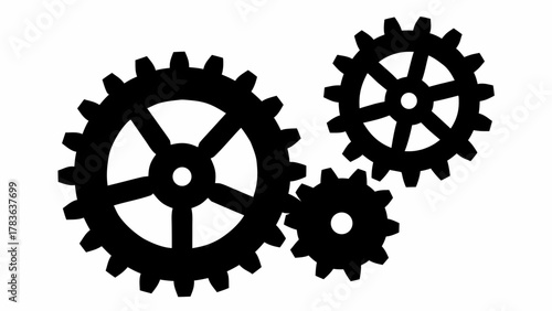 Illustration of three interlocked gears in black silhouette on a white background showing mechanical movement