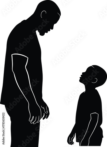 Silhouette of Father and Son Talking, Parenting Concept, Family Bond, Communication, Childhood Guidance, Black and White Vector Illustration
