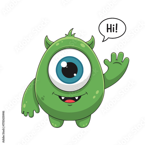 Friendly one-eyed green monster waving hello with a cheerful "Hi!" speech bubble, perfect for kids' content and playful designs a cute story book character full of personality.