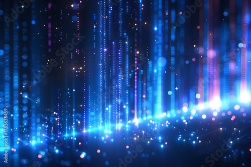 青い光の粒が流れる幻想的なデジタル背景