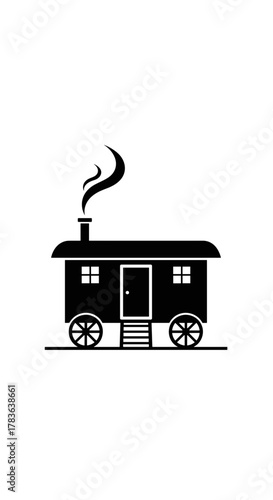 Black silhouette of a house with smoke coming from the chimney  