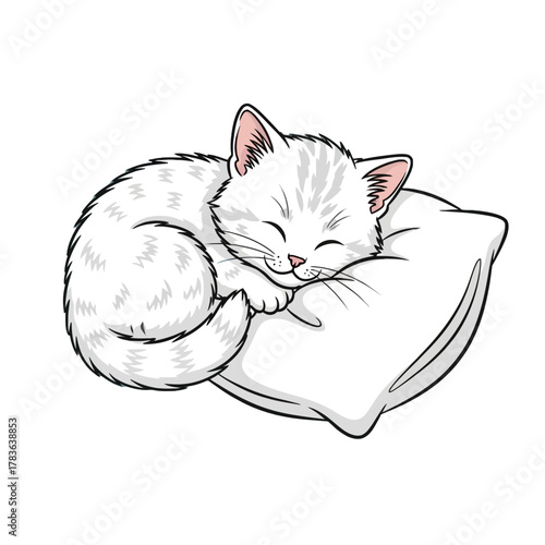 Adorable white kitten peacefully snoozing on a soft pillow, evoking innocence and relaxation a gentle story book character of comfort and calm.