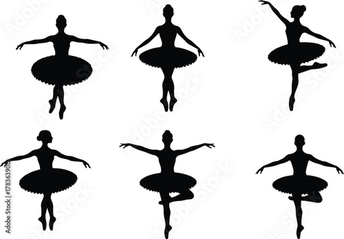Six ballerina silhouettes, classical ballet dancer poses, tutu costumes, graceful movement, en pointe balance, elegant dance art, stage performance, beauty, poise