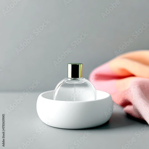 A clear glass perfume bottle with a gold cap is presented in a white ceramic dish, with a soft fabric in the background.