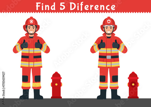 Find the 5 differences between the fireman and the fire hydrant. Educational puzzle game for kids.