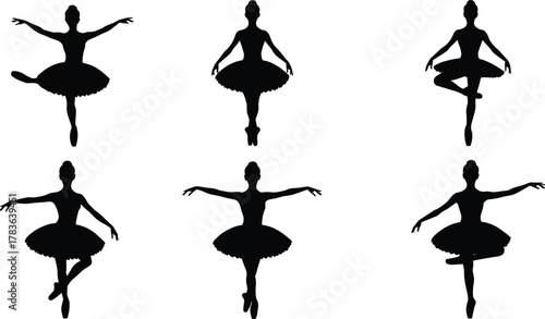 Six ballerina silhouettes, graceful ballet dancer poses, tutu costumes, classical dance art, en pointe balance, elegance, performance, stage, movement, beauty