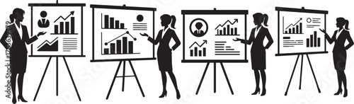 Silhouettes of women presenting charts and graphs on presentation boards