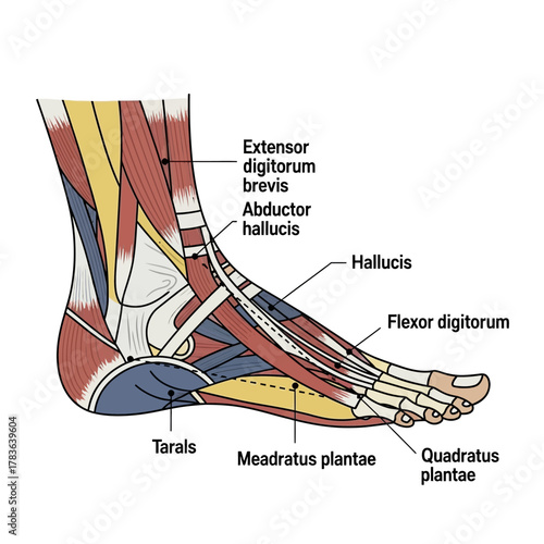 Detailed Anatomical Illustration of the Human Foot Muscles and Bones.