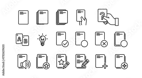 A comprehensive collection of line icons representing various aspects of document management and card-based interactions, including stacks of papers, single documents, hand-held cards with question