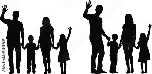 Silhouette of Happy Family Holding Hands with Children, Father Waving, Unity and Togetherness Concept, Isolated on White Background