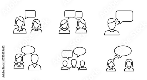 Set of six outline icons representing faceless people in conversation, with speech bubbles, symbolizing communication, discussion, and dialogue for graphic and web design projects, presented on a