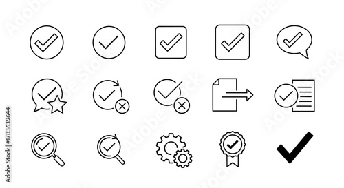 Collection of line icons representing various aspects of confirmation, approval, and verification, including checkmarks in circles, squares, and speech bubbles, alongside icons for search, document