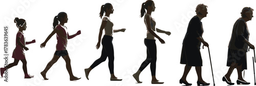 Silhouette of Female Life Stages from Childhood to Old Age Walking Forward Symbolizing Aging, Growth, Time, and Human Development
