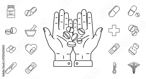 Line illustration of pills held in open hands, surrounded by various medical icons like capsules, tablets, a mortar and pestle, heart with capsule, thermometer, band-aids, and a caduceus symbol