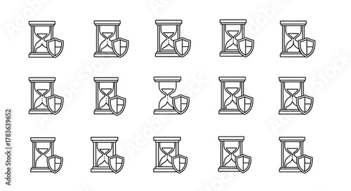 Hourglass with Shield Outline Icon: A Versatile Vector Graphic for Web Design, Apps, Advertisements, and Various Cards. This Cartoon Illustration Symbolizes Time Protection, Security, and Timeliness
