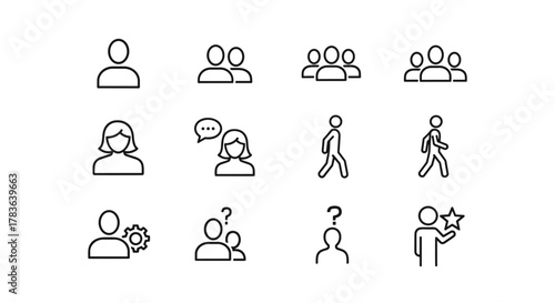 Collection of diverse line icons representing people and groups, including single individuals, pairs, small crowds, walking figures, individuals with gears, question marks, and a person holding a