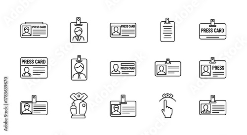 Set of outline icons representing press cards, ID badges, and related identification symbols in a clean, linear style suitable for mobile and web design, presented on a white background for versatile