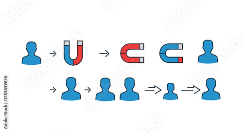 Conceptual illustration of user attraction and engagement using a magnet icon, symbolizing marketing, sales funnel, and customer acquisition strategies, presented in a clean, simple vector cartoon