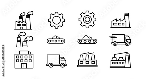 Set of industrial icons on a white background, including factories with smoke, gears, conveyor belts, and trucks, representing manufacturing, production, and logistics for web and mobile applications.