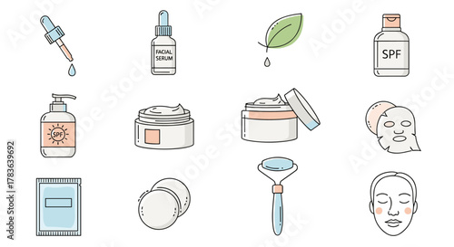 Set of flat line icons representing skincare and beauty products, including serum dropper, facial serum bottle, SPF lotion, face cream jars, sheet mask, cotton pads, jade roller, and a woman's face