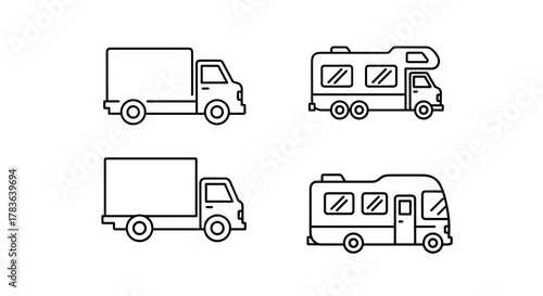 Modern outline style icons featuring a delivery truck and a motor home, presented on a clean white background, perfect for graphic design, app interfaces, social network content, and vector cartoon
