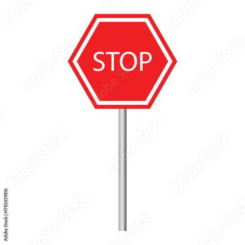Stop wording on red octagon transportation sign on white background