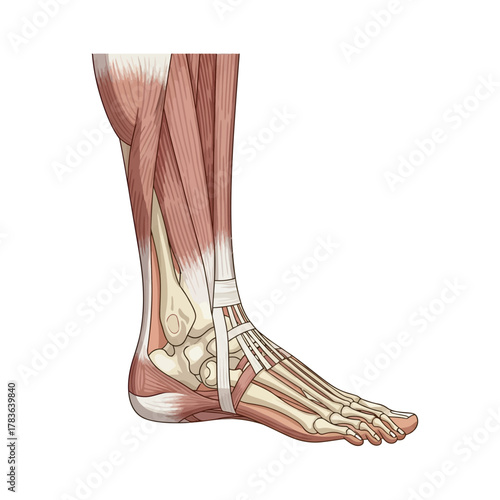 Detailed anatomical illustration of the human foot and ankle showing bones, muscles, and ligaments.