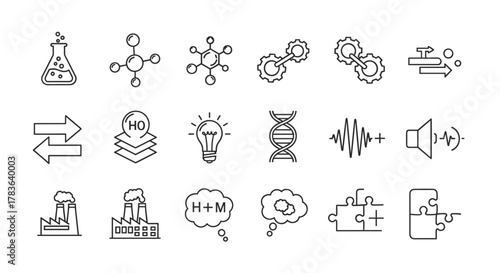 Collection of modern line icons representing scientific and industrial concepts, including chemical structures, gears, DNA, sound waves, factories, lightbulbs, puzzle pieces, and directional arrows