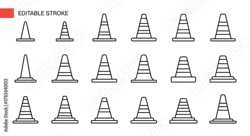 Traffic Cone Outline Icon Collection: Editable Stroke Vector Cartoon Illustration. Perfect for Infographics, Articles, Books, Flyers, Banners, and Various Design Projects. Versatile and Clear Visuals